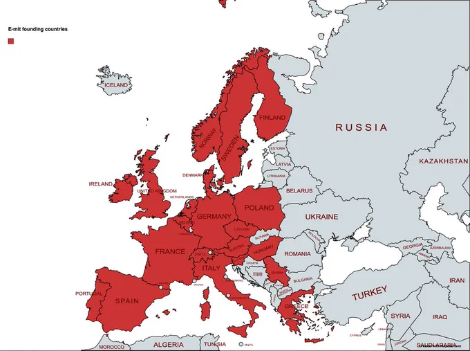 The image shows a map of Europe and all the E-mit founding countries are shaded red.