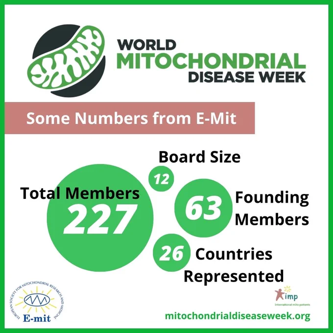The image is showing some numbers from E-mit. The total number of members is 227, the board size is 12, the number of founding members is 63 and there are 26 countries represented. The numbers are white and shown inside green circles of different sizes with black lettering next to each circle. 