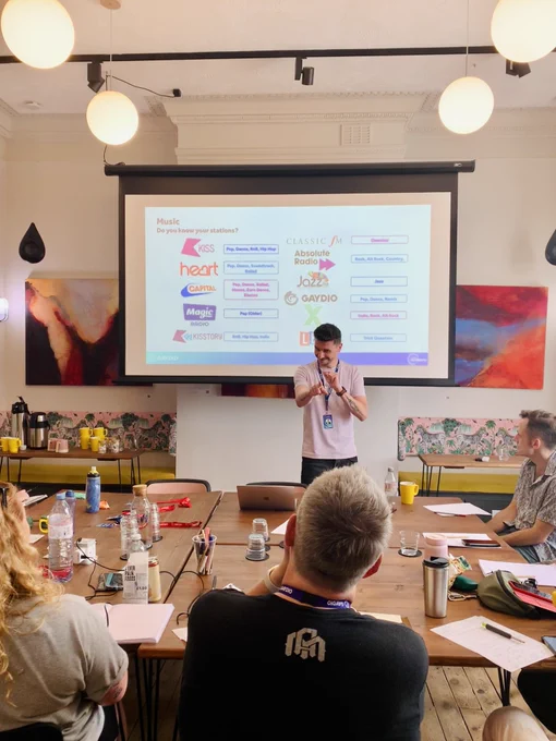 A person presents to people around a large meeting table. 