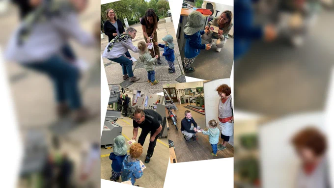Fotocollage: Beschäftigte des UDE-Familienservicebüros verteilen Postkarten.