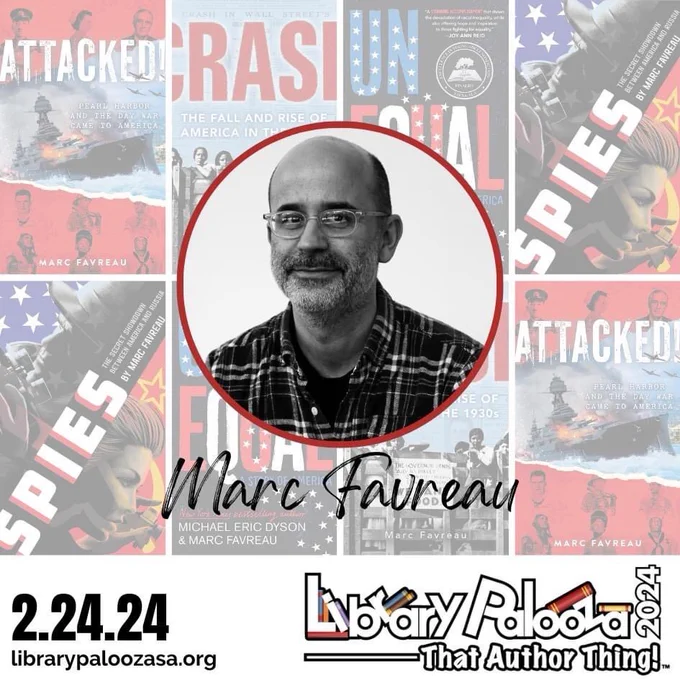 Background of Marc Favreau book covers overlayed with a photo of the author. Below is the LibraryPalooza24 logo and text that reads 2.24.24 librarypaloozasa.org