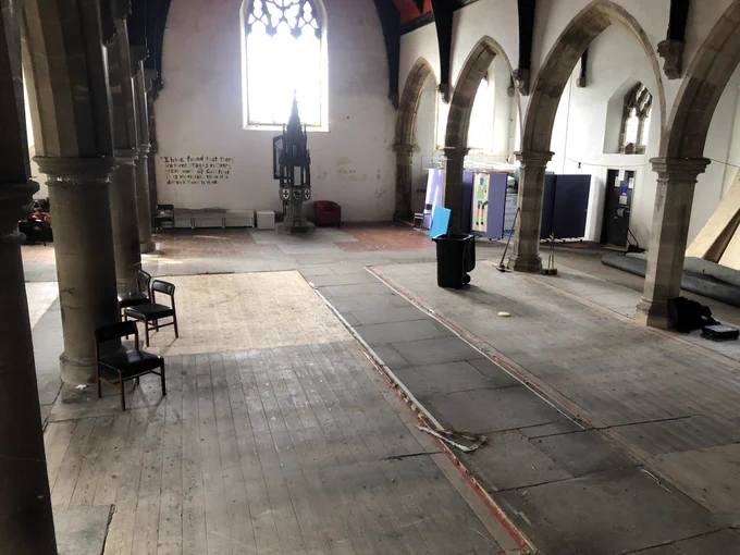 The church now empty of the temporary floor