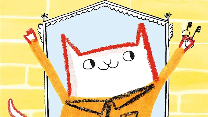 An illustration from the front cover of Flat Cat - a smiling cat in front of a window and brick wall, holding two keys in one paw