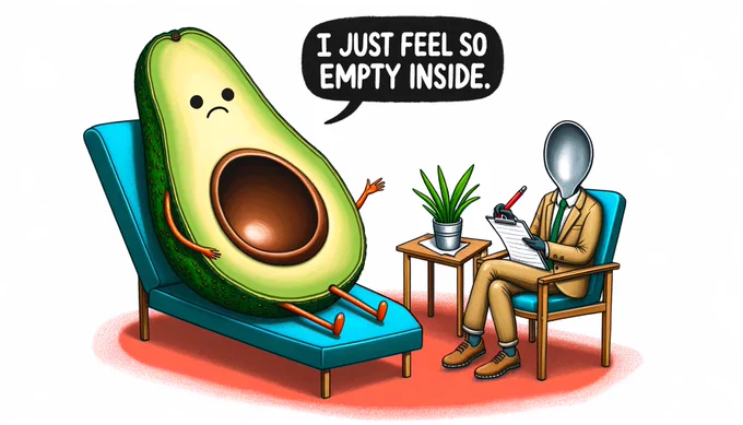 "An illustration of an avocado sitting in a therapist's chair, saying 'I just feel so empty inside' with a pit-sized hole in its center. The therapist, a spoon, scribbles notes."