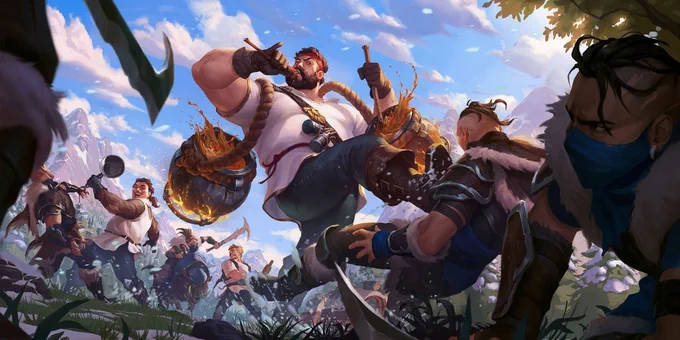 The combat cook, a beaded brawler, kicks his opponent while sipping from a wooden spoon. Two cauldrons are slung over his shoulders, filled with a delicious-looking stew. In the background, other chefs battle more of their aggressors.