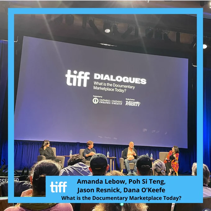 Amanda Lebow, Poh Si Teng, Jason Resnick, and Dana O'Keefe on stage for a panel called "What is the Documentary Marketplace Today?"