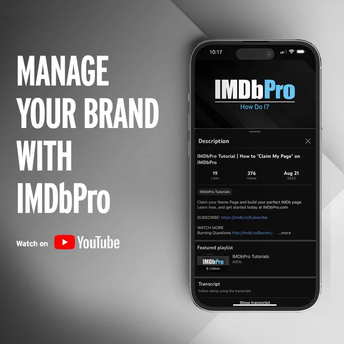 Text in graphic says manage your brand with IMDBPro and with an image of a cell phone 