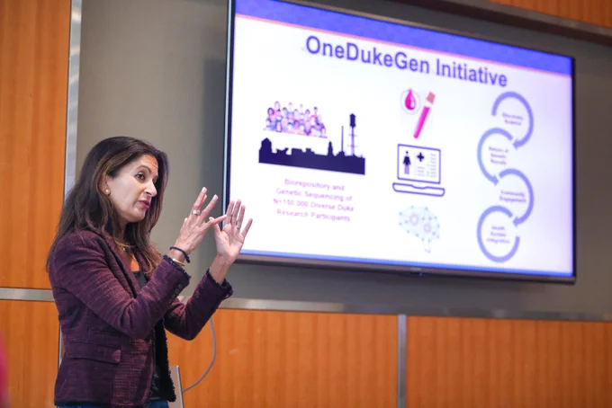 Photo of Svati Shah presenting on DukeOneGen