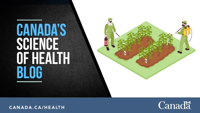 A graphic design of 2 people wearing personal protection equipment spraying plants with pesticide. The following words are printed on the image. Canada’s science of health blog.