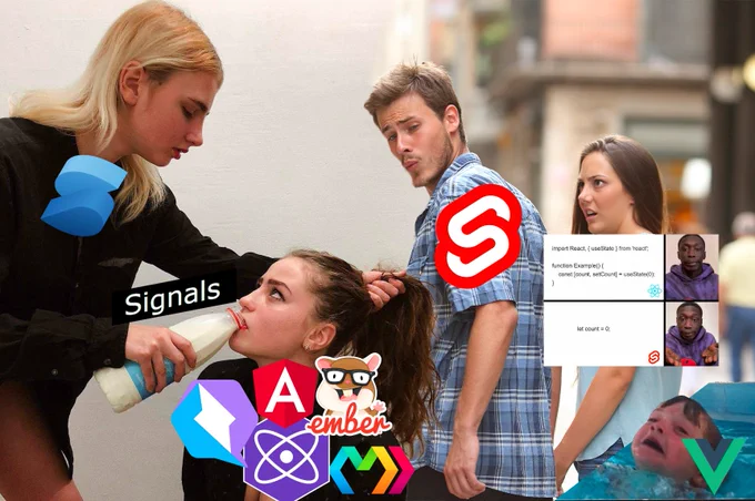 Chaotic meme mashup.

Forced to Drink Milk Meme: Solid is forcing Marko, Qwik, Preact, Angular, and Ember to drink Signals.

Svelte, the distracted boyfriend is watching the milk meme.  The jealous girlfriend is yet another meme: the "Just use let" Svelte Khaby Lame meme.

In the corner Vue is the drowning kid from "Mother Ignoring Kid Drowning In A Pool" Meme