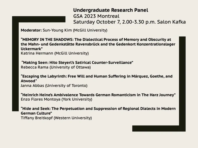 Slide with information, including the list of papers, about the Undergraduate Research Panel on 10/7 @ 2pm in Salon Kafka.