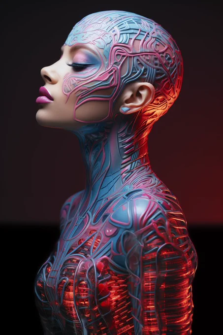 biometric hologram tattoo (hologram lights, fluorescent) makeup style | portrait of a bald woman | polaroid shot | underreliefcore, glasscore filter --style raw --s 750 