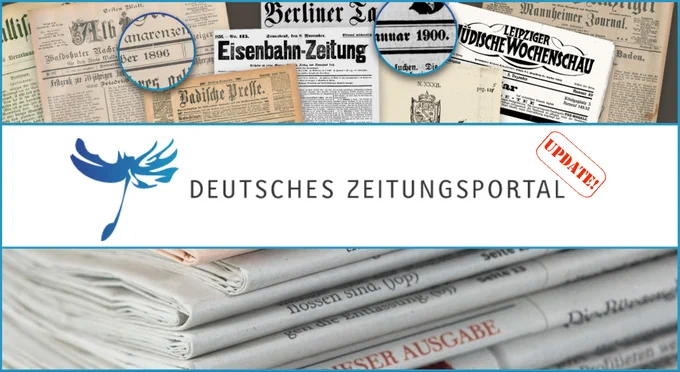 Visual: Deutsches Zeitungsportal Update, oben historische Titelseiten in Collage, unten Stapel neue Zeitungen