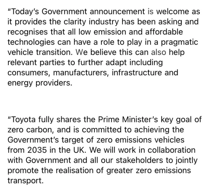 Statement from Toyota supprting UK Governments new Net Zero plan