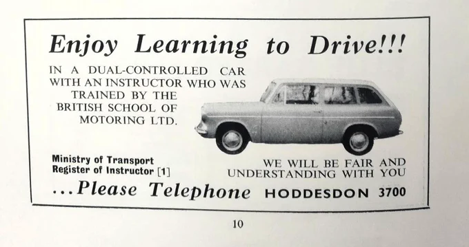 Black and white boxed advertisement with black text and a slightly grainy grey photo of a car in the middle of the advert