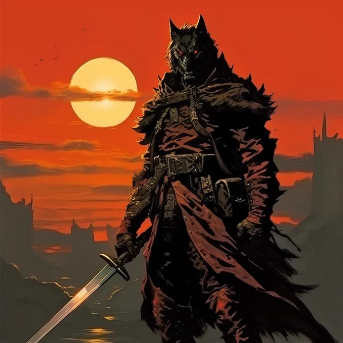 An Swordman hybrid man - wolf, on The Battlefield , dark fantasy, in the style of Frank Frazetta, Mike Mignola, red, black --v 5.2 --style raw 