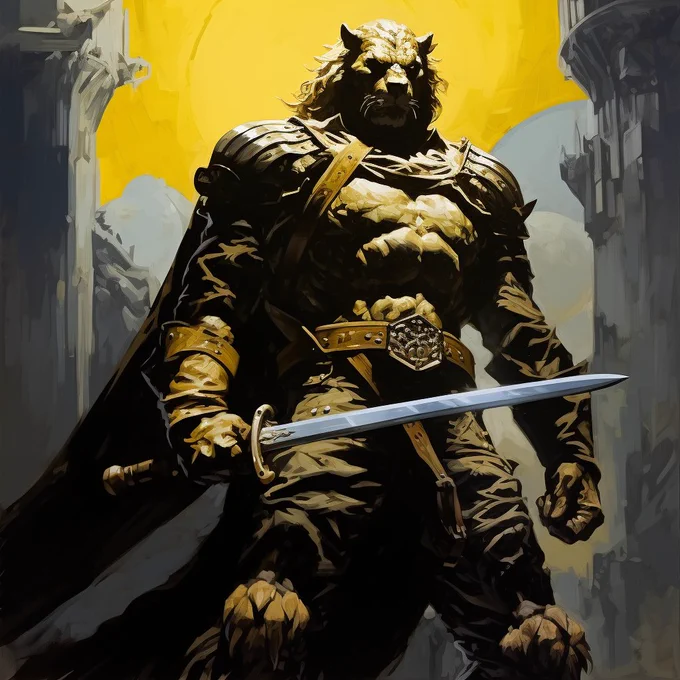 An Knight hybrid man - lion, on a castle, dark fantasy, in the style of Frank Frazetta, Mike Mignola, yellow, black --v 5.2 --style raw