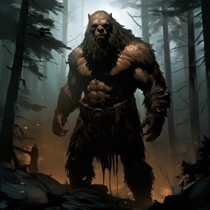 An Barbarian hybrid man - Bear on the forest, dark fantasy, in the style of Frank Frazetta, Mike Mignola, black, brown --v 5.2 --style raw