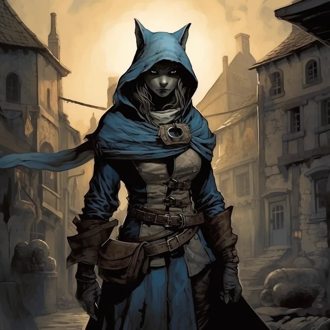 An Rogue hybrid woman - fox, on medieval town, dark fantasy, in the style of Frank Frazetta, Mike Mignola, blue, grey --v 5.2 --style raw