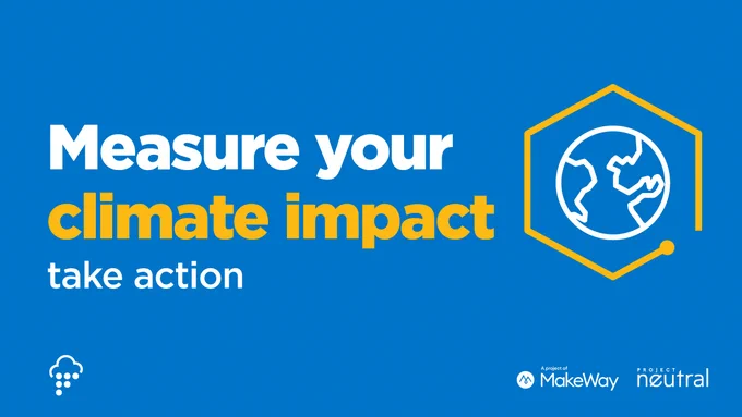 Blue graphic with text that reads "Measure your climate impact. Take action."