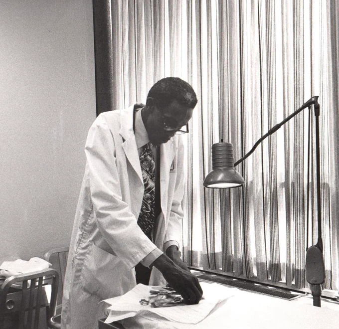Dr. Verdine Adams, Rush podiatrist and Rush University faculty member, with some tools of the trade, circa 1976. Rush University Medical Center Archives, Chicago, Ill. P778
