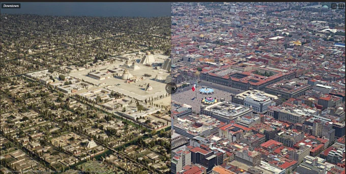 A screenshot split down the middle showing a simulated Aztec city on the left and modern-day buildings on the right. The shot is taken from on high looking down at a slight angle.