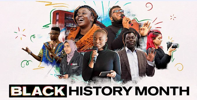 Colour image advertising Black History Month at De Montfort University