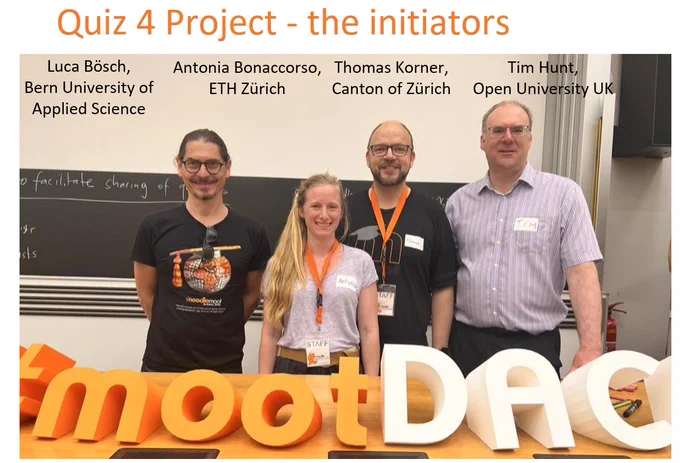 Slide "Quiz 4 Project - the initiators" showing from left: Luca Bösch, Antonia Bonaccorso, Thomas Korner, Tim Hunt