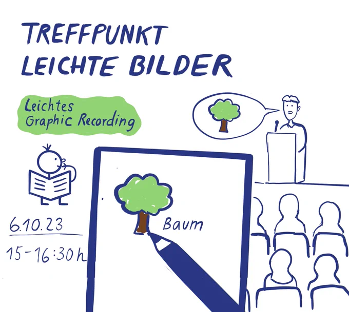 Titel: Treffpunkt leichte Bilder, leichtes Graphic Recording. 6.10. 23, 15 bis 16:30 Uhr. Daneben ein Bild eines Redners auf einer Konferenz. Vor ihm Zuschauer. Im Vordergrund ein Tablett auf dem gerade gezeichnet wird. Es wird gerade ein Baum gezeichnet. In der Sprechblase des Redners ist auch ein Baum.