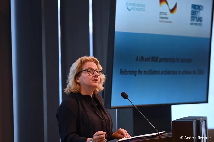 Development Minister Svenja Schulze gives her speech at the side event "A UN and MDB partnership for success: Reforming the multilateral architecture to achieve the SDGs".