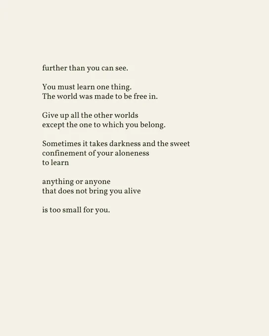 further than you can see.

You must learn one thing.
The world was made to be free in.

Give up all the other worlds
except the one to which you belong.

Sometimes it takes darkness and the sweet
confinement of your aloneness
to learn

anything or anyone
that does not bring you alive

is too small for you.