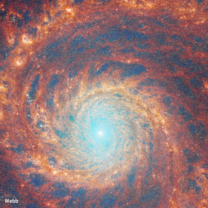 A large spiral galaxy takes up the entirety of the image. The core is mostly bright white, but there are also swirling, detailed structures that resemble water circling a drain. There is white and pale blue light that emanates from stars and dust at the core’s centre, but it is tightly limited to the core. The detailed rings feature bands of deep orange and cloudy gray, which are interspersed by darker empty regions throughout.