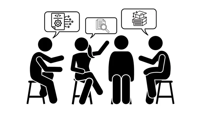 Four people have a conversation while sitting on stools. Speech bubbles appear above their heads with symbols representing metadata and library education.