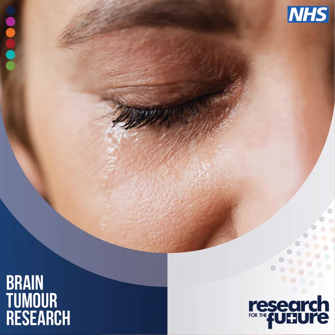Graphic containing the NHS and Research for the Future logos with a close-up image of tears coming out of a woman's eye to illustrate the project for brain tumour research