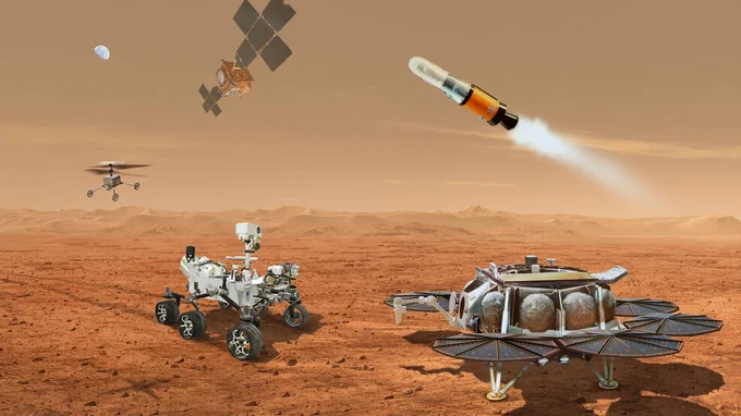 This illustration shows a concept for multiple robots that would team up to ferry to Earth samples of rock and soil collected from the Martian surface by NASA’s Mars Perseverance rover.