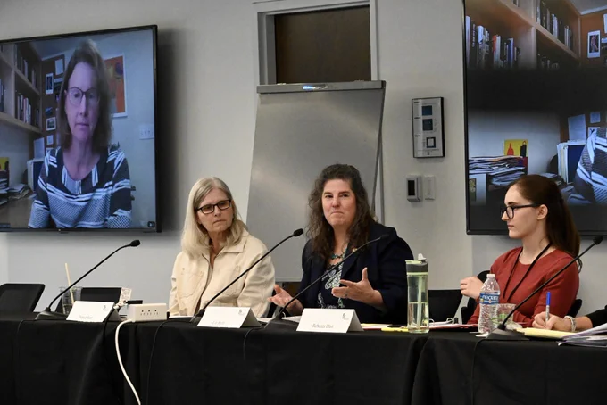 Three people presenting at a conference room table with a fourth panelist on zoom on the TV behind them.