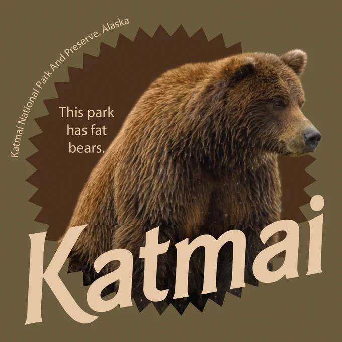 Graphic showing a large bear withthe text “Katmai.” “This park has fat bears.”
