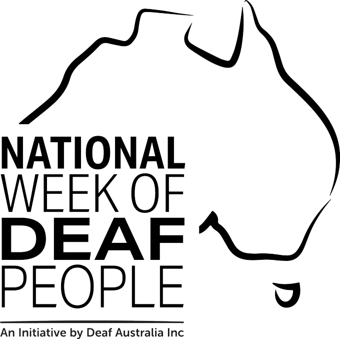 Black and white graphic with an outline of Australia and the words 'National Week of Deaf People an initiative by Deaf Australia' on the left.