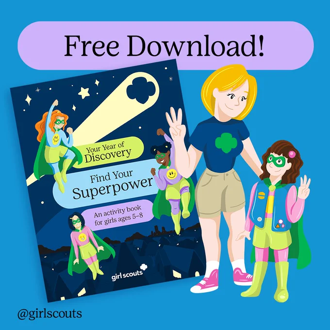 Free Download! An adult wearing a Girl Scout shirt stands next to a Girl Scout wearing a superhero mask and cape. 
