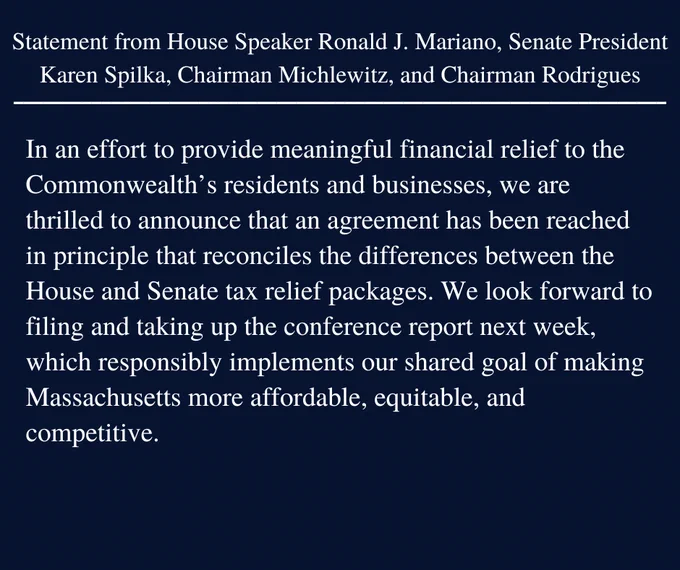 In an effort to provide meaningful financial relief to the Commonwealth’s residents and businesses, we are thrilled to announce that an agreement has been reached in principle that reconciles the differences between the House and Senate tax relief packages. We look forward to filing and taking up the conference report next week, which responsibly implements our shared goal of making Massachusetts more affordable, equitable, and competitive.