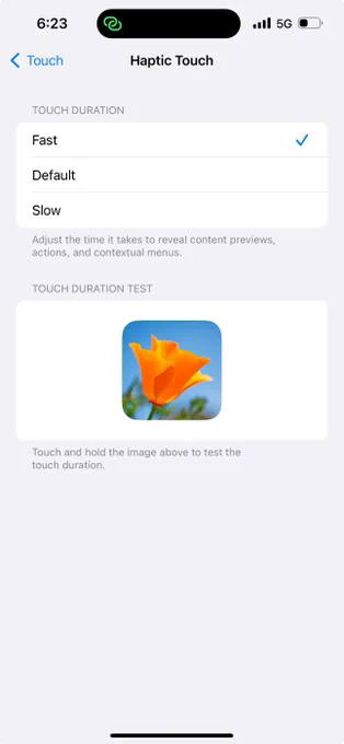 The iOS 17 setting to allow for faster haptic feedback.