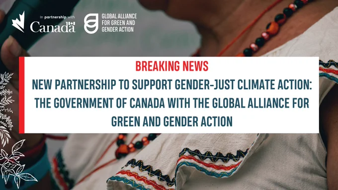 Person facing left and holding a mic. Only the chin to upper shoulder part of the person is visible. In the centre of the image, white box has text in red and blue which reads, "BREAKING NEWS
New partnership to support gender-just climate action: The Government of Canada with the Global Alliance for Green and Gender Action"