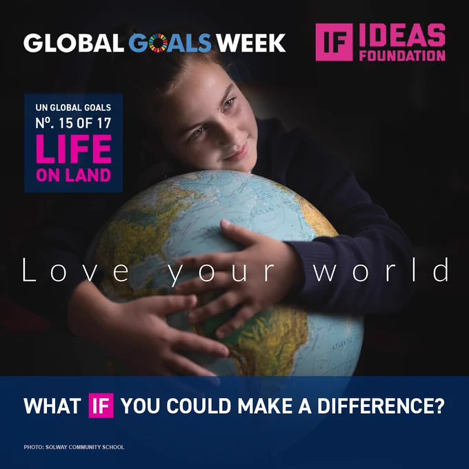 Image of a girl embracing a globe, exemplifying the sentiment of 'Love Your World' in support of one of the UN Global Goals for sustainable development: Life on Land.