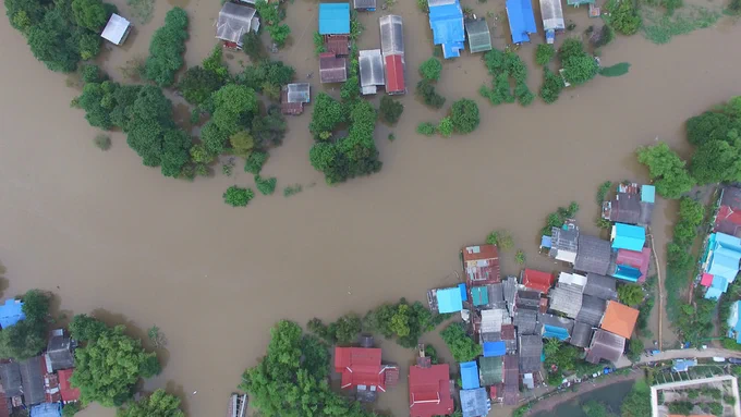 Aerial image of a flooded urban area.