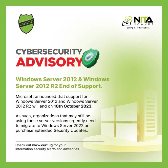
#CyberSecurityAdvisory   
𝗘𝗡𝗗 𝗢𝗙 𝗦𝗨𝗣𝗣𝗢𝗥𝗧 𝗳𝗼𝗿 𝗪𝗶𝗻𝗱𝗼𝘄𝘀 𝗦𝗲𝗿𝘃𝗲𝗿 𝟮𝟬𝟭𝟮 𝗮𝗻𝗱 𝗪𝗶𝗻𝗱𝗼𝘄𝘀 𝗦𝗲𝗿𝘃𝗲𝗿 𝟮𝟬𝟭𝟮 𝗥𝟮 

𝗦𝘁𝗿𝗮𝘁𝗲𝗴𝘆: Plan to Migrate to Windows Server 2022  
Notice to All System Administrators of All Organizations and Gov't MDAs.