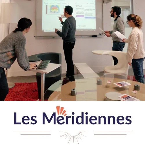 Visuel composé du logo des Méridiennes de l'Enssib et d'une photo de 4 personnes qui sont en train de travailler ou de suivre un atelier au sein de l'espace salon de la bibliothèque de l'Enssib