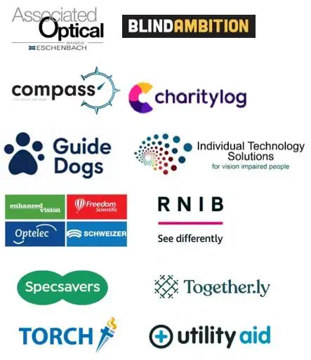 12 logos – Top left Associated Optical – Partner of Eschenbach, right BlindAmbition, second row left Compass – The whole life view, right Charitylog, third row left Guide Dogs, right Individual Technology Solutions – For vision impaired people, fourth row left Optelec UK – Enhanced vision, Freedom scientific, Optalec, Schweizer, right RNIB – See differently, fifth row right Specsavers, right Together.ly, bottom row left Torch Trust, right Utility Aid.