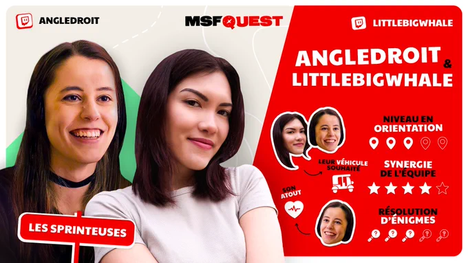 Visuel annonçant AngleDroit et LittleBigWhale comme cinquième et dernière équipe de MSFQuest, elles ont un niveau de 3/5 en orientation, 4/5 en synergie d'équipe et 3/5 en résolution d'énigme. Elles souhaitent avoir un tuk-tuk pour la course et le cardio d'AngleDroit est son atout.