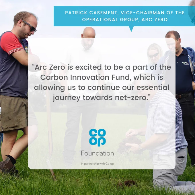 A picture of people standing around someone holding up some earth. On the upper half of the picture on the right hand side is a speech bubble graphic in blue that says ‘Patrick Casement, vice-chairman of the operational group, ARC ZERO’. Underneath this is a white box with grey writing which says the following quote “Arc Zero is excited to be a part of the Carbon Innovation Fund, which is allowing us to continue our essential journey towards net-zero.”
