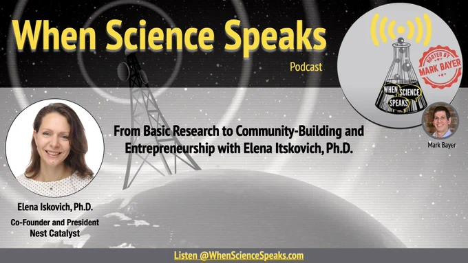 This is the graphic accompanying this week's episode of When Science Speaks hosted by Mark Bayer and featuring, this week, guest scientist and entrepreneur Elena Itskovich, Ph.D.